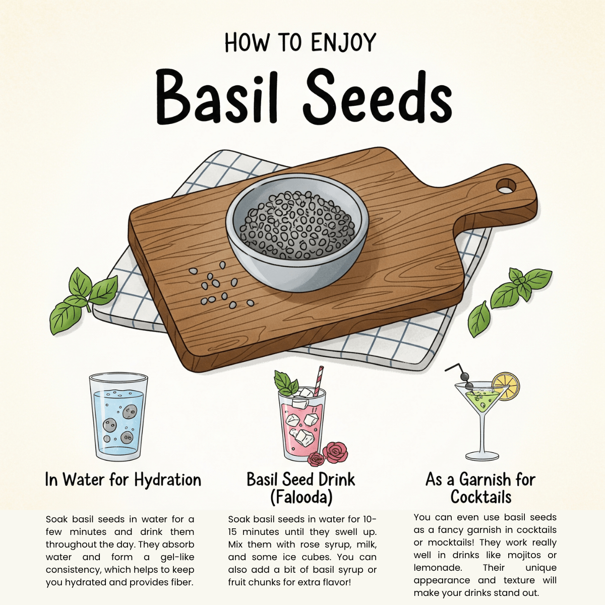 Refreshing drink with basil seeds (sabja) for hydration & gut health