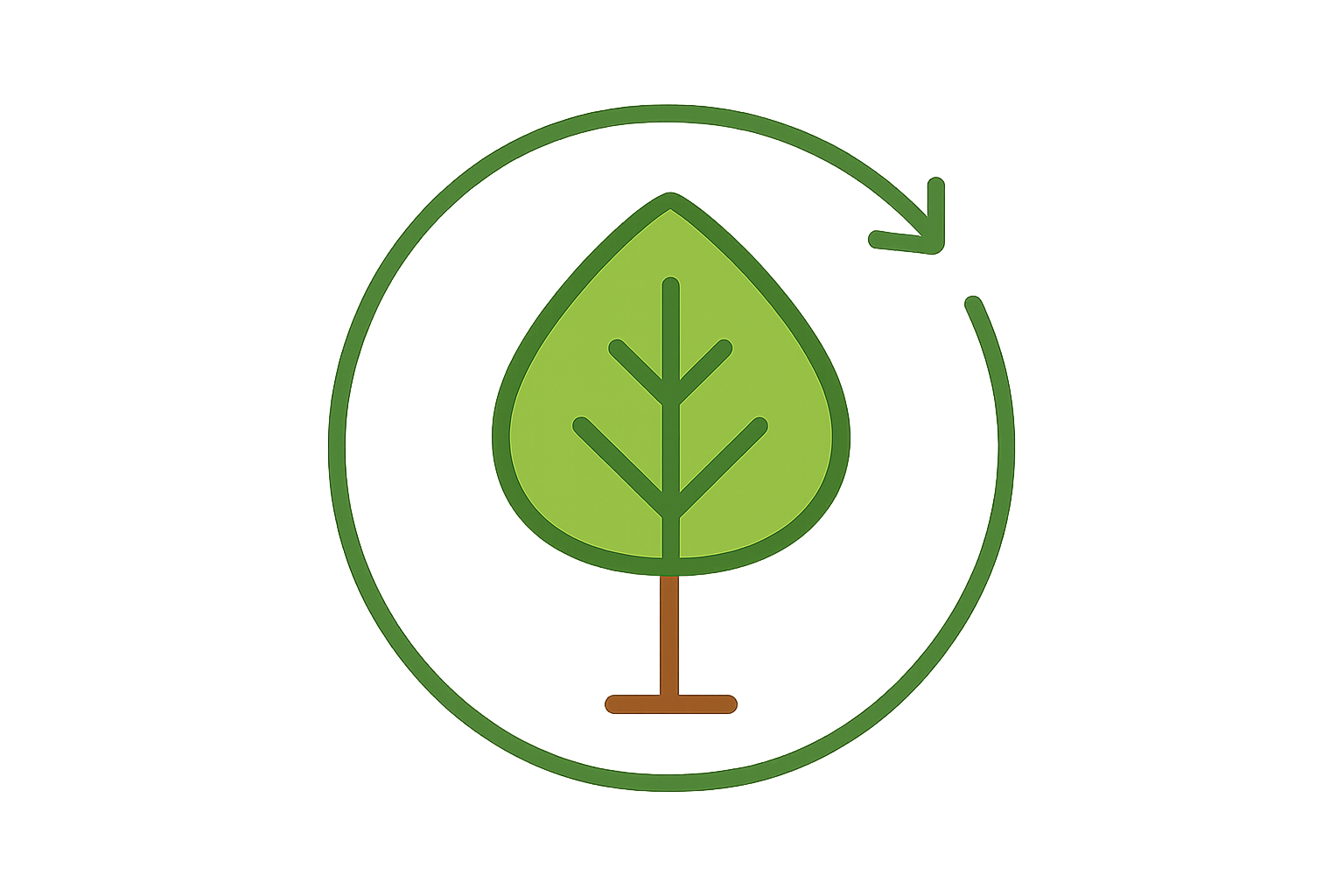 "Design an icon featuring a tree with a circular arrow around it, symbolizing the cycle of sustainability and eco-friendly sourcing. The tree should have a simple, clean shape with green leaves, and the arrow should be subtle, indicating the ongoing, sustainable process. The design should evoke an environmental, fresh feel."